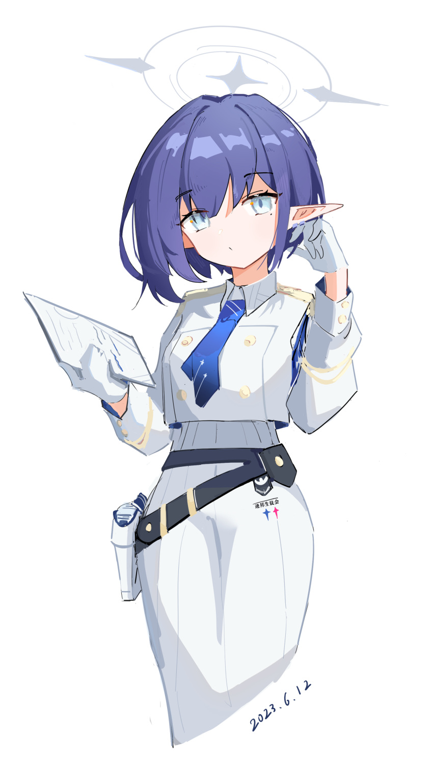 absurdres aoi_(blue_archive) blue_archive blue_eyes blue_hair blue_necktie halo highres holster long_skirt looking_at_viewer m_mmig necktie pointy_ears school_uniform shirt short_hair skirt thigh_holster white_shirt white_skirt