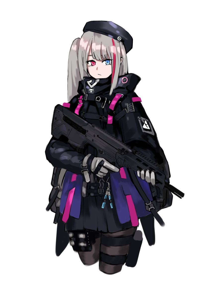 1girl absurdres assault_rifle battle_rifle belt belt_pouch beret black_bag black_coat black_headwear black_jacket black_pantyhose black_skirt blue_eyes closed_mouth coat desert_tech_mdr expressionless girls_frontline gloves glowstick grey_gloves grey_hair gun harness hat heterochromia highres holding holding_gun holding_weapon hood hood_down hooded_jacket jacket load_bearing_vest long_hair long_sleeves looking_at_viewer mdr_(girls'_frontline) military multicolored_hair name_connection pantyhose pink_eyes pink_hair pouch rifle sharpy_(kdy000913) side_ponytail skirt solo standing strap streaked_hair tactical_clothes thigh_strap trigger_discipline weapon white_background