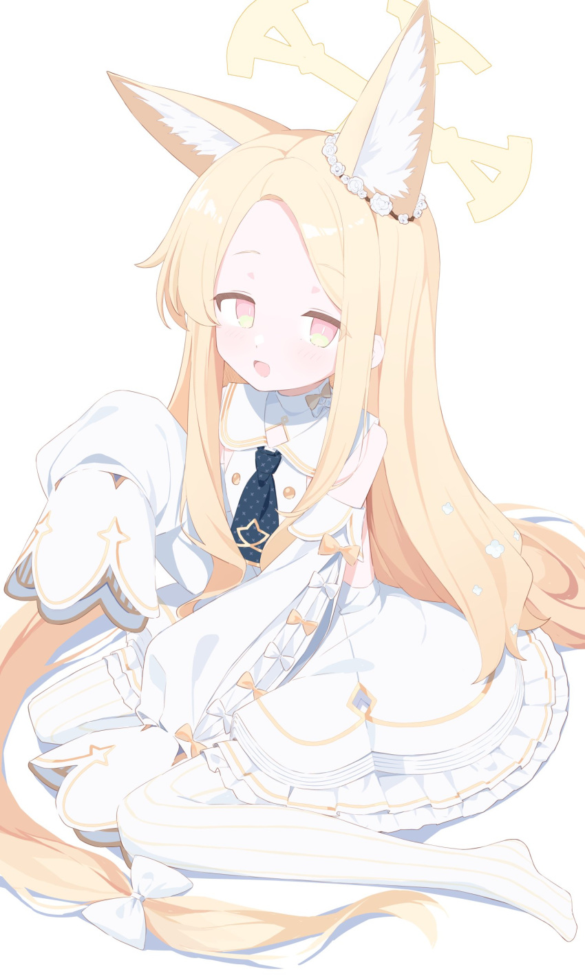 1girl absurdly_long_hair absurdres animal_ear_fluff animal_ears between_legs blonde_hair blue_archive blush collared_dress commentary detached_sleeves dress ear_ornament ear_wreath extra_ears flower forehead fox_ears halo hand_between_legs highres long_hair looking_at_viewer no_shoes open_mouth pantyhose parted_bangs seia_(blue_archive) sitting sleeveless sleeveless_dress sleeves_past_fingers sleeves_past_wrists solo striped striped_pantyhose urotsuki_(2013.04) vertical-striped_pantyhose vertical_stripes very_long_hair wariza white_dress white_pantyhose wreath yellow_eyes