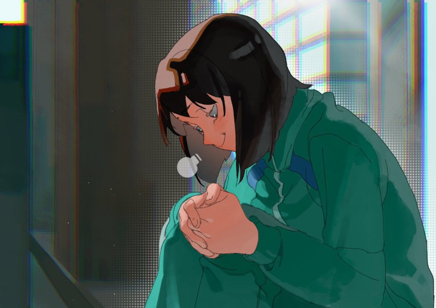 1girl black_hair bob_cut green_jacket green_pants green_track_suit highres iwakura_mitsumi jacket kengyou_lei looking_down medium_hair outdoors own_hands_clasped own_hands_together pants sigh sitting skip_to_loafer smile solo track_jacket track_pants