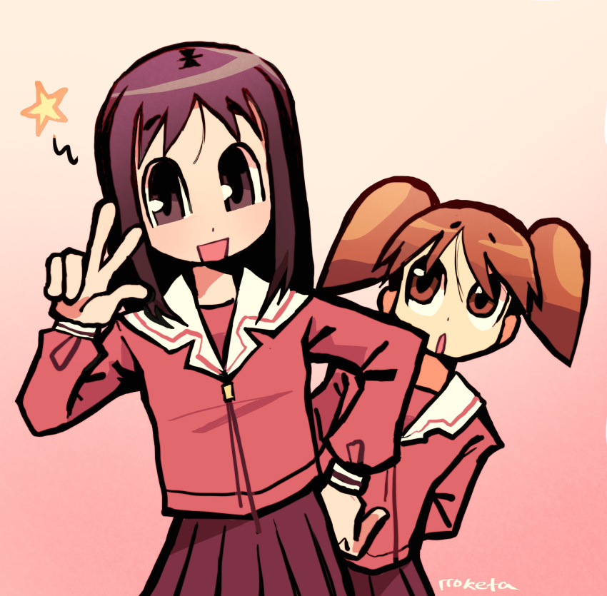2girls azumanga_daioh azumanga_daioh's_school_uniform black_eyes black_hair brown_eyes brown_hair chibi commentary english_commentary gradient_background hand_on_own_hip highres kasuga_ayumu leaning_to_the_side looking_at_another looking_at_viewer medium_hair mihama_chiyo multiple_girls open_mouth pink_background rroketas sailor_collar school_uniform simple_background star_(symbol) twintails twitter_username v white_background white_sailor_collar