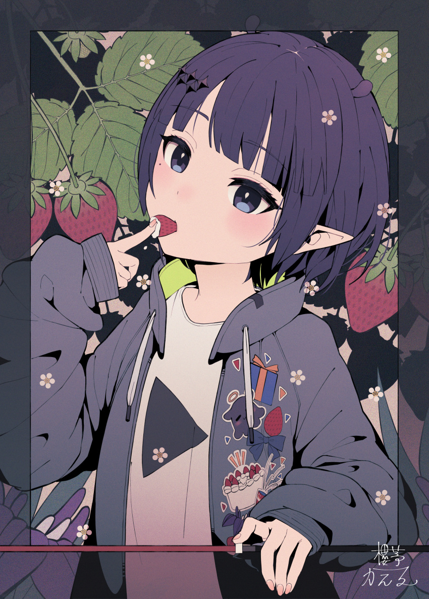 1girl absurdres animal_ears blue_eyes blunt_bangs blush drawstring eating flower food food_in_mouth fruit hair_ornament highres hololive hololive_english jacket long_sleeves looking_at_viewer mole mole_under_eye nail_polish ninomae_ina'nis ouchi040 pointy_ears progress_bar purple_hair short_hair solo strawberry virtual_youtuber