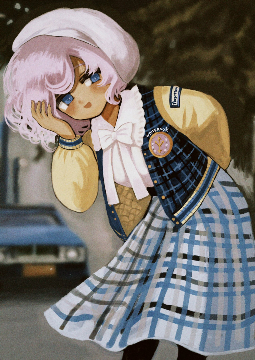 1girl :d alternate_costume arm_behind_back beret black_pantyhose blue_eyes blue_jacket blue_skirt bow bowtie car casual character_name collared_shirt commentary_request feet_out_of_frame frilled_shirt_collar frills hat hell0120 highres jacket leaning_forward letty_whiterock light_purple_hair long_sleeves looking_at_viewer medium_hair motor_vehicle multicolored_clothes multicolored_jacket open_clothes open_jacket open_mouth outdoors pantyhose plaid plaid_jacket plaid_skirt shirt skirt smile solo touhou white_bow white_bowtie white_headwear white_shirt yellow_sleeves