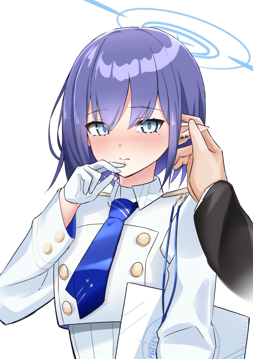 1boy 1girl absurdres aoi_(blue_archive) blue_archive blue_eyes blue_hair blue_necktie blush collared_shirt commentary_request gloves halo hand_on_another's_ear highres kuromiz mole mole_under_eye necktie pointy_ears shirt short_hair solo_focus white_gloves white_shirt