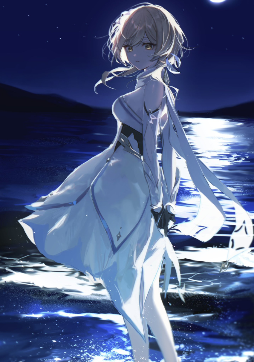 1girl arms_behind_back black_gloves blonde_hair breasts dress flower genshin_impact gloves hair_flower hair_ornament highres looking_at_viewer lumine_(genshin_impact) medium_breasts moonlight night night_sky ocean outdoors own_hands_together parted_lips short_hair_with_long_locks sky solo standing star_(sky) thigh-highs umnume water white_dress white_flower white_thighhighs yellow_eyes