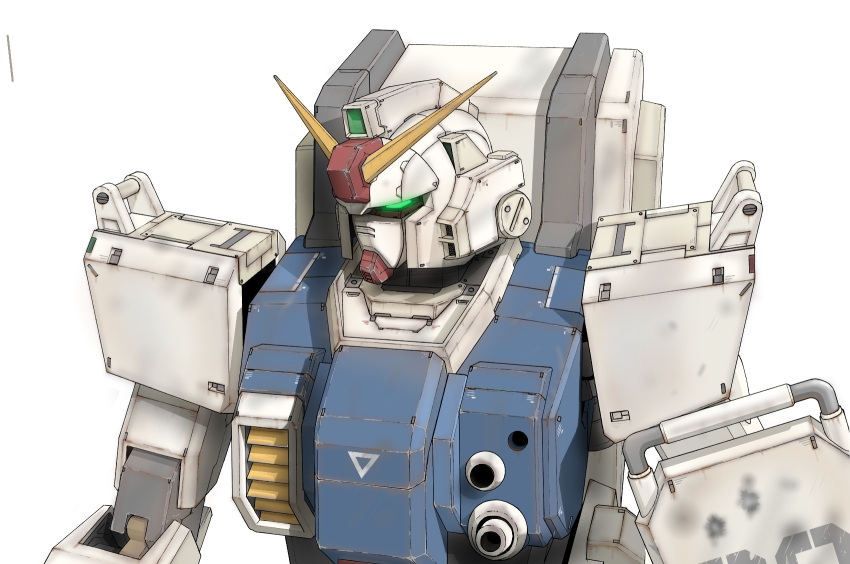 aron_e bullet_hole commentary glowing glowing_eye green_eyes ground_gundam gundam gundam_08th_ms_team highres mecha mobile_suit no_humans robot science_fiction shield simple_background solo turning_head upper_body v-fin white_background