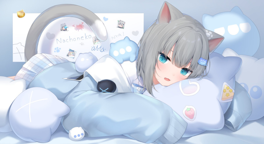 1girl :d amashiro_natsuki animal_ears bed_sheet blue_eyes blue_jacket cat_ears cat_girl cat_tail character_name commentary fang grey_hair hair_between_eyes hair_ornament highres indie_virtual_youtuber jacket long_sleeves looking_at_viewer lying nachoneko nyan object_hug on_stomach open_clothes open_jacket pillow pillow_hug plaid plaid_skirt pleated_skirt puffy_long_sleeves puffy_sleeves romaji_text shirt skirt sleeves_past_fingers sleeves_past_wrists smile solo symbol-only_commentary tail virtual_youtuber white_shirt white_skirt