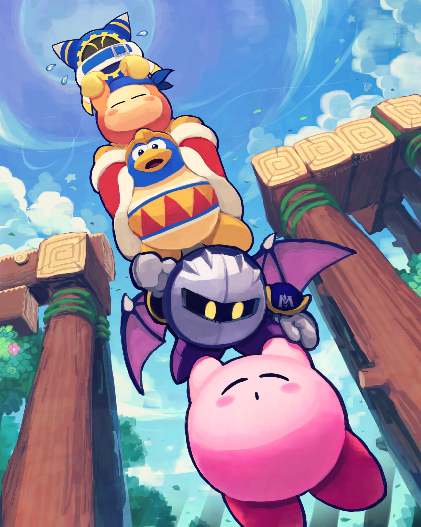 absurdres armor bandana bandana_waddle_dee bat_wings blue_sky blush_stickers closed_eyes clouds colored_skin creature flower gloves highres king_dedede kirby kirby's_return_to_dream_land kirby_(series) looking_down magolor mask meta_knight no_humans open_mouth pauldrons pink_flower pink_skin shoulder_armor signature sky star_(symbol) suyasuyabi sweat tree ufo_(kirby) wings yellow_eyes yellow_gloves