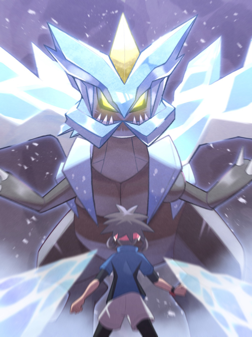 1boy blue_jacket blurry bodysuit bodysuit_under_clothes bracelet brown_hair clenched_hands commentary_request grey_shorts highres ice inana_umi jacket jewelry kyurem male_focus nate_(pokemon) pokemon pokemon_(creature) pokemon_(game) pokemon_bw2 short_hair short_sleeves shorts spiky_hair xtransceiver