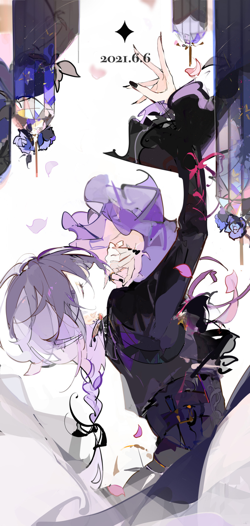 1boy 2021 absurdres ayase_mayoi black_jacket black_nails black_ribbon braid closed_eyes corset dated ensemble_stars! ezu_(e104mjd) hair_ribbon highres jacket long_sleeves male_focus open_mouth purple_hair ribbon sharp_teeth solo teeth