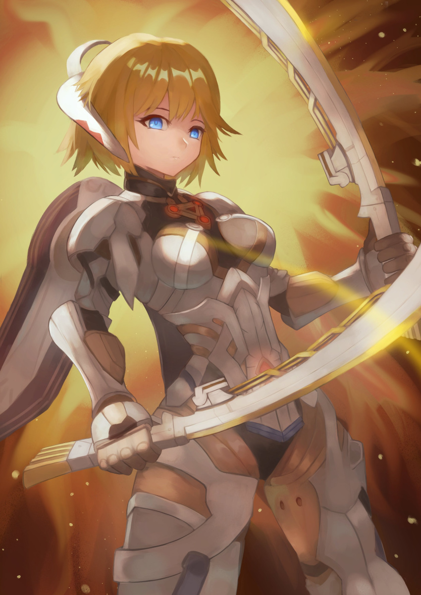 1girl absurdres armor armored_bodysuit blonde_hair blue_eyes bodysuit breasts closed_mouth cowboy_shot dual_wielding english_commentary fiora_(xenoblade) highres holding holding_sword holding_weapon looking_at_viewer mecha-fiora scimitar short_hair solo sword teaz917 weapon xenoblade_chronicles_(series) xenoblade_chronicles_1