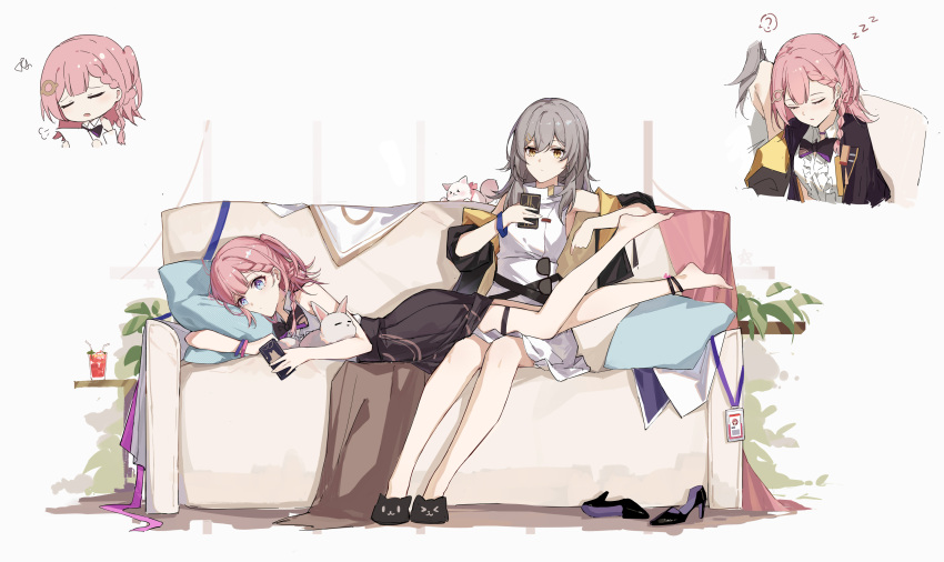 2girls ? absurdres asta_(honkai:_star_rail) bare_shoulders barefoot black_bow black_bowtie black_footwear black_skirt bow bowtie braid center_frills closed_mouth collared_shirt couch frills full_body hair_ornament high_heels highres honkai:_star_rail honkai_(series) id_card leg_up long_sleeves looking_at_phone lying medium_hair multiple_girls multiple_views on_couch on_stomach open_mouth peppy_(honkai:_star_rail) phone pink_hair shirt side_ponytail simple_background skirt sleeping sleeveless sleeveless_shirt speech_bubble stelle_(honkai:_star_rail) thigh_strap trailblazer_(honkai:_star_rail) white_background white_shirt wide_sleeves yajuu yellow_eyes zzz