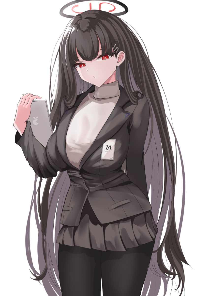 1girl absurdres black_hair black_jacket black_pantyhose black_skirt blue_archive breasts bright_pupils hair_ornament hairclip halo highres holding holding_tablet_pc jacket large_breasts long_hair pantyhose pleated_skirt red_eyes rio_(blue_archive) skirt solo sweater tablet_pc turtleneck turtleneck_sweater very_long_hair white_pupils white_sweater yoshi-j
