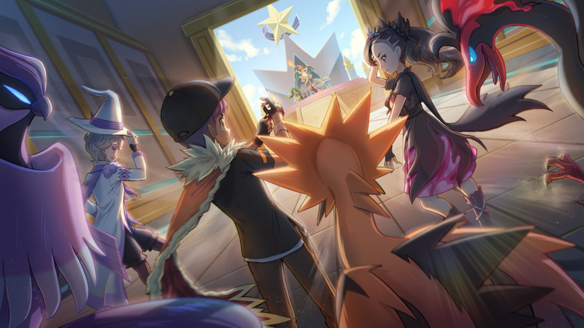 2girls 4boys adjusting_clothes adjusting_gloves artist_request bede_(champion)_(pokemon) bede_(pokemon) black_hair black_headwear blonde_hair cape charizard clouds coat commentary curly_hair day dress english_commentary fingerless_gloves galarian_articuno galarian_moltres galarian_zapdos gloria_(pokemon) gloves hand_up hat highres hop_(champion)_(pokemon) hop_(pokemon) leon_(pokemon) long_hair marnie_(champion)_(pokemon) marnie_(pokemon) multiple_boys multiple_girls pants pokemon pokemon_(creature) pokemon_(game) pokemon_masters_ex rillaboom shirt sky stairs standing tile_floor tiles victor_(pokemon) zacian zacian_(crowned)