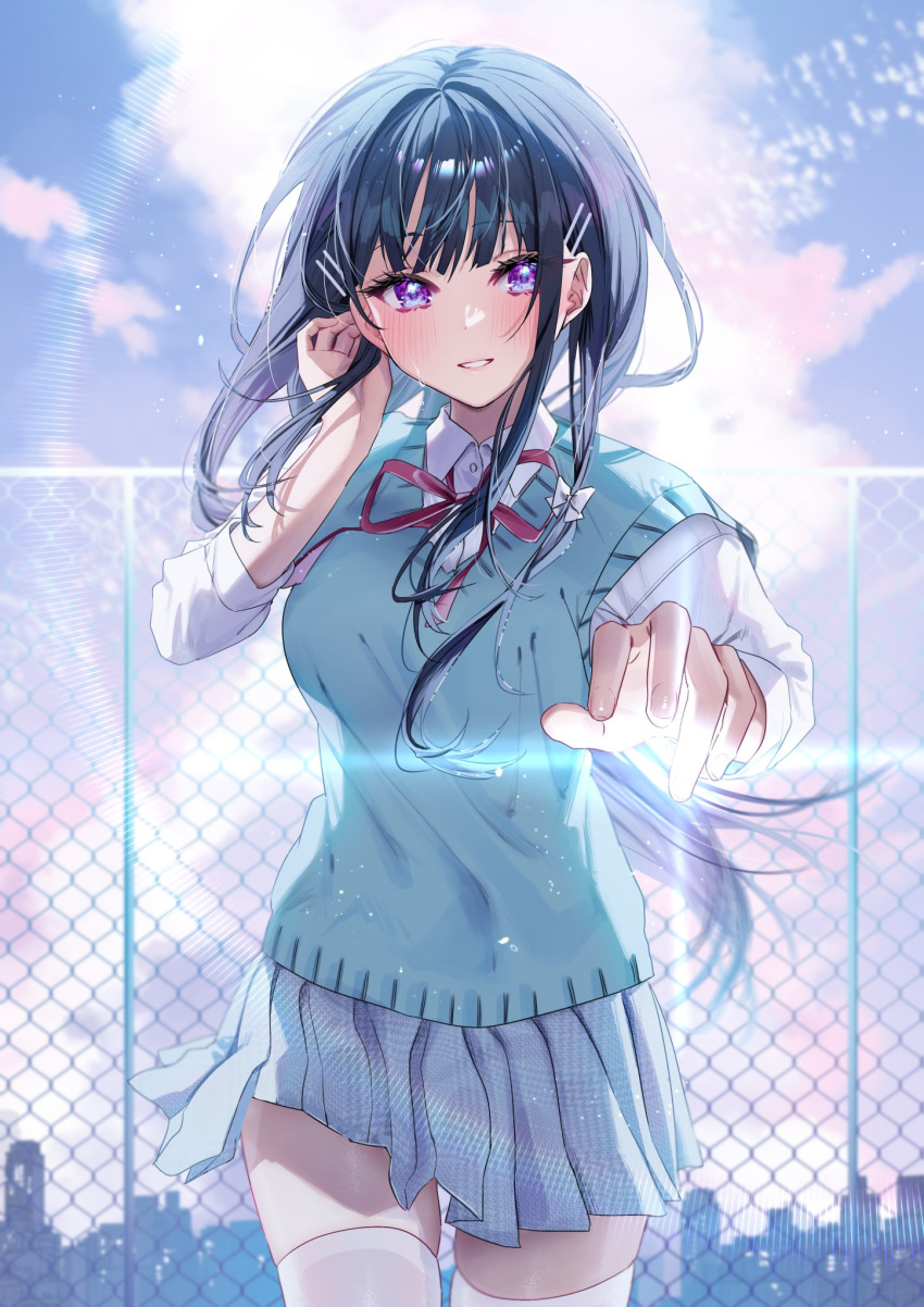 1girl black_hair blue_eyes blue_skirt blush bow chain-link_fence check_copyright chigusa_minori collared_shirt copyright_request fence hair_bow hair_ornament hand_up highres long_hair long_sleeves original outdoors parted_lips pleated_skirt shirt skirt smile sweater_vest thigh-highs thighs white_bow white_shirt white_thighhighs