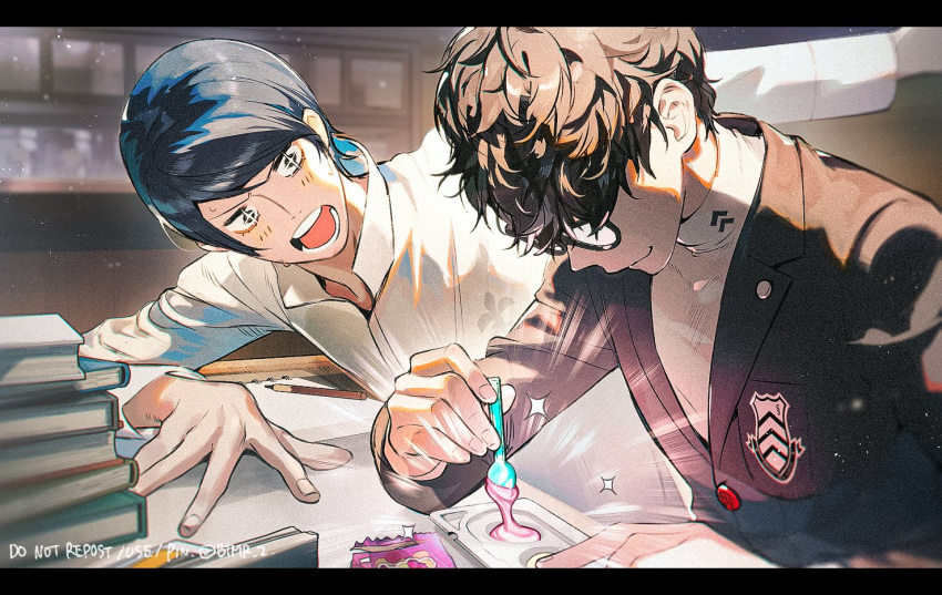 +_+ 2boys amamiya_ren black_eyes black_hair black_jacket blue_hair blush book book_stack btmr_game candy closed_mouth collared_shirt commentary_request food glasses indoors jacket kitagawa_yuusuke letterboxed long_sleeves male_focus multiple_boys opaque_glasses open_mouth pencil persona persona_5 school_uniform shirt shuujin_academy_school_uniform sketchbook sparkle spoon sweat table upper_body white_shirt