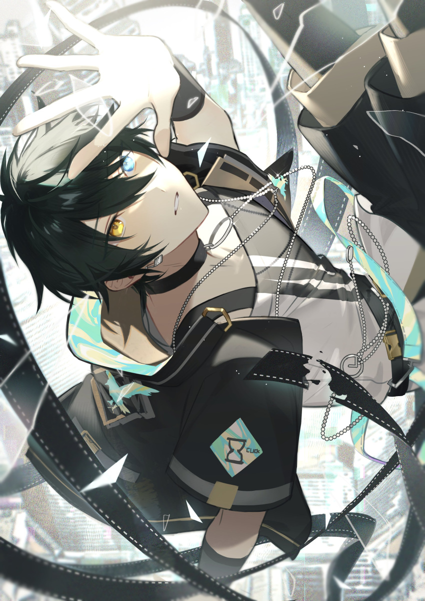 1boy absurdres aleo aqua_eyes black_choker black_hair choker commentary_request earrings ensemble_stars! film_strip glass_shards hair_between_eyes heterochromia highres hourglass jacket jewelry kagehira_mika looking_afar male_focus necklace official_alternate_costume open_clothes open_jacket outstretched_arm outstretched_hand parted_lips short_hair short_sleeves solo wristband yellow_eyes