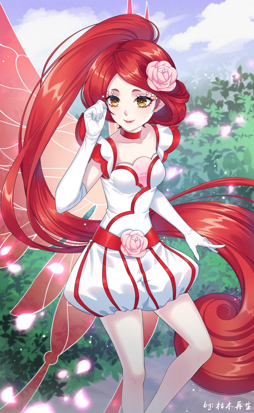 1girl absurdres artist_name bare_legs belt blue_sky breasts bush choker chun_(xiao_huaxian) clenched_hand closed_mouth clouds elbow_gloves fairy fairy_wings feet_out_of_frame flower gloves hair_flower hair_ornament hand_over_eye highres jumpsuit kumu_zaisheng long_hair parted_bangs pink_flower ponytail red_belt red_choker red_lips red_wings redhead short_eyebrows short_jumpsuit short_sleeves sky smile solo very_long_hair white_gloves white_jumpsuit wings xiao_huaxian yellow_eyes