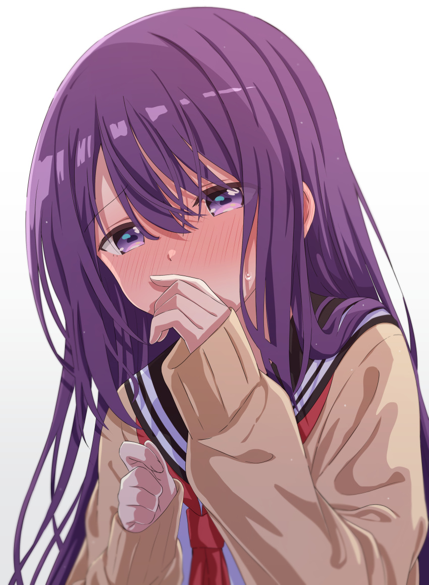 1girl absurdres artina black_sailor_collar blush cardigan commentary_request covered_mouth crossed_bangs embarrassed hair_between_eyes hands_up highres kubo-san_wa_mob_wo_yurusanai kubo_nagisa long_hair long_sleeves looking_at_viewer neckerchief purple_hair red_neckerchief sailor_collar school_uniform simple_background sleeves_past_wrists solo sweatdrop upper_body white_background yellow_cardigan