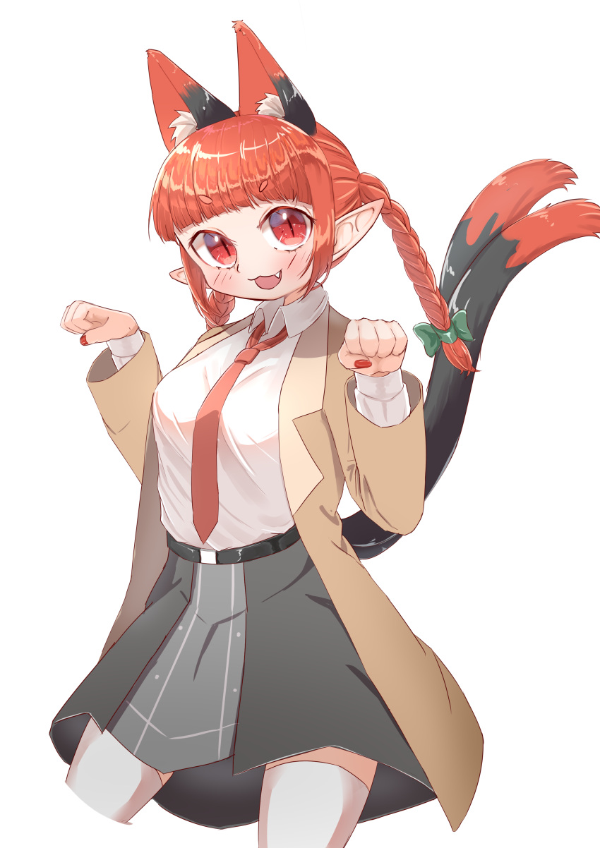 1girl :3 :d absurdres alternate_costume animal_ear_fluff animal_ears belt blunt_bangs blush bow braid breasts cat_ears cat_tail chenge7338 commentary_request contrapposto cowboy_shot cropped_legs extra_ears fang green_bow hair_bow hair_ribbon hands_up highres jacket kaenbyou_rin large_breasts long_hair looking_at_viewer multiple_tails nail_polish necktie nekomata open_mouth paw_pose pointy_ears red_eyes red_nails red_necktie redhead ribbon slit_pupils smile solo tail thigh-highs touhou tress_ribbon twin_braids two_tails white_thighhighs wing_collar