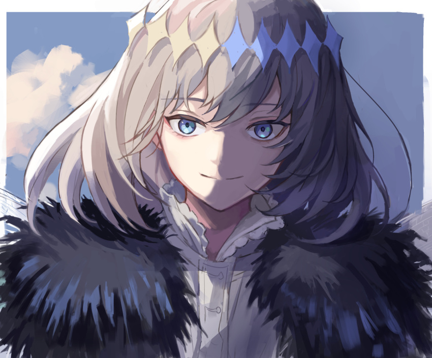 1boy arthropod_boy blue_eyes cape cloak close-up clouds collar crown diamond_hairband dragonfly_wings fate/grand_order fate_(series) frilled_collar frills fur-trimmed_cape fur-trimmed_cloak fur_trim grey_hair highres insect_wings medium_hair oberon_(fate) portrait shadow sky smile solo touchika white_hair wings
