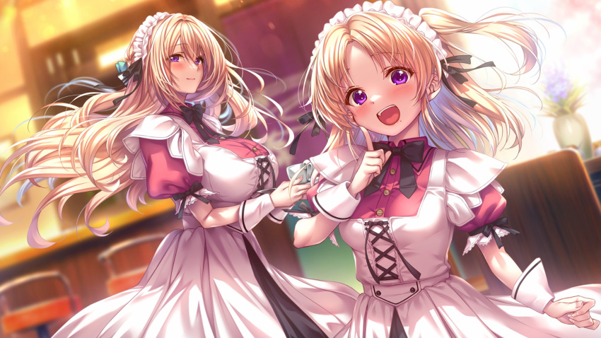 2girls amakano_2 blonde_hair blurry blurry_background breasts cup dress dutch_angle finger_to_cheek floating_hair highres holding holding_tray index_finger_raised indoors large_breasts light_smile long_hair looking_at_viewer maid_headdress mole mole_under_mouth multiple_girls piromizu puffy_short_sleeves puffy_sleeves short_sleeves standing teacup teeth tray tsutamachi_chitose two_side_up upper_teeth_only very_long_hair wrist_cuffs
