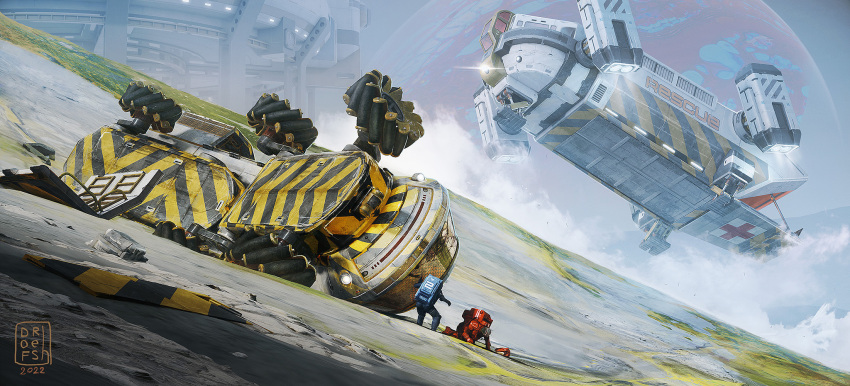 2others aircraft arm_support artist_logo clouds commentary cracked_glass cross dated dofresh english_commentary english_text flying highres multiple_others original outdoors planet red_cross scenery science_fiction spacesuit vtol winch wreckage