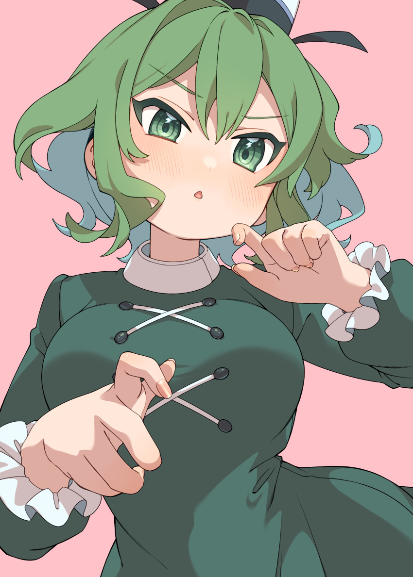 1girl absurdres black_headwear blush breasts cross-laced_clothes dress e_sdss frilled_sleeves frills green_dress green_eyes green_hair hair_between_eyes hat highres large_breasts long_sleeves open_mouth pink_background short_hair simple_background soga_no_tojiko solo tate_eboshi touhou upper_body