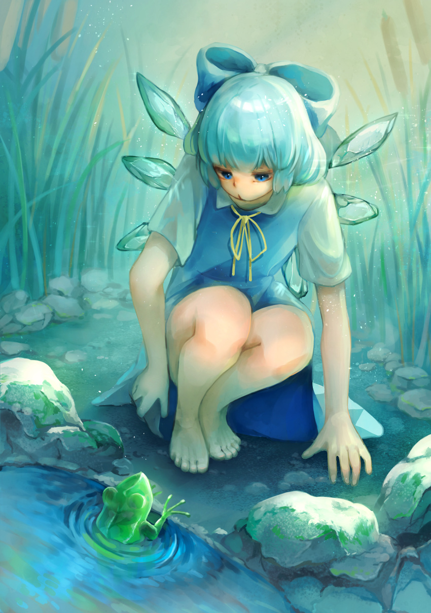1girl absurdres barefoot blue_bow blue_dress blue_eyes blue_hair bow cirno commentary_request dress feet frog full_body hair_bow highres korukua outdoors rock short_hair short_sleeves squatting touhou