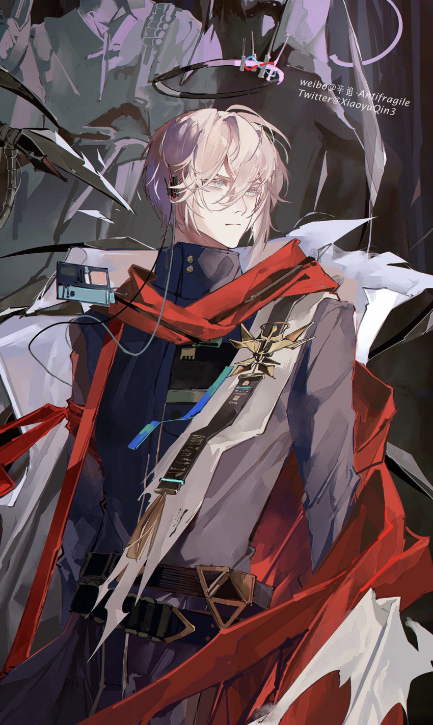 1boy :| arknights arms_at_sides belt black_halo black_jacket blue_eyes cape closed_mouth collared_jacket cowboy_shot cropped earpiece executor_(arknights) executor_the_ex_foedere_(arknights) expressionless grey_hair hair_between_eyes halo highres ikag jacket long_sleeves looking_to_the_side male_focus red_cape red_scarf scarf short_hair sidelocks solo watermark