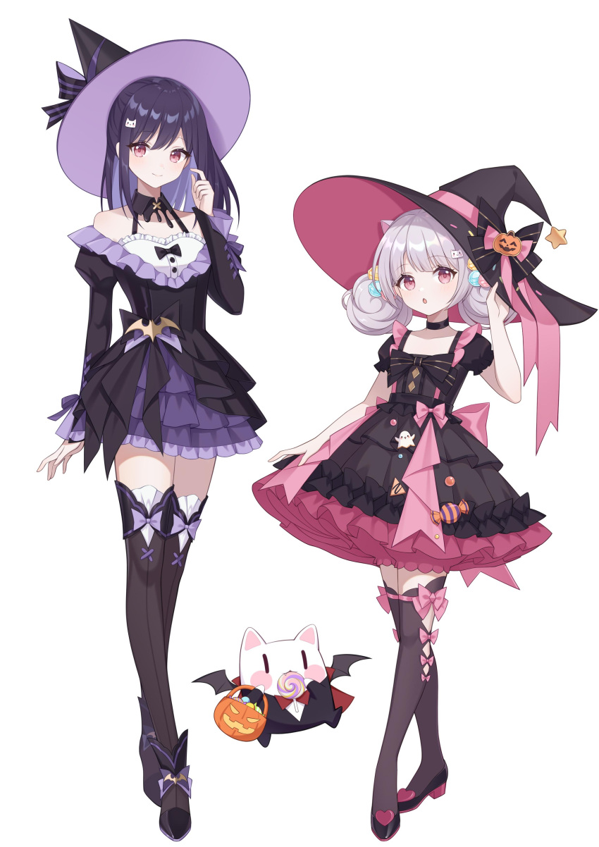 2girls :o absurdres adjusting_clothes adjusting_headwear animal_ears back_bow bare_shoulders bat_ornament bat_wings bcy black_bow black_choker black_dress black_footwear black_suit black_thighhighs bow bow_legwear bowtie candy cape cat_ears cat_hair_ornament choker closed_mouth collarbone crossed_legs detached_collar dress dress_bow flat_chest food food_in_mouth formal frilled_dress frills full_body grey_hair hair_ornament halloween halloween_costume hand_on_headwear hand_on_own_face hand_up hands_up hat hat_bow hat_ornament highres holding holding_food holding_pumpkin holding_vegetable huhu jack-o'-lantern_hat_ornament juliet_sleeves layered_dress layered_sleeves legwear_cutout lolita_fashion lollipop lollipop_hair_ornament long_sleeves looking_at_viewer looking_up low_twintails medium_hair miao_jiujiu mouth_hold multiple_girls off-shoulder_dress off_shoulder pink_bow pink_dress pink_shorts puffy_short_sleeves puffy_shorts puffy_sleeves pumpkin purple_bow purple_dress purple_hair red_bow red_bowtie red_cape red_eyes ruan_miemie short_dress short_sleeves shorts shorts_under_dress smile standing star_(symbol) star_hat_ornament suit swirl_lollipop thigh-highs twintails two-tone_dress vegetable watson_cross white_background wings witch_hat yuejiu zettai_ryouiki