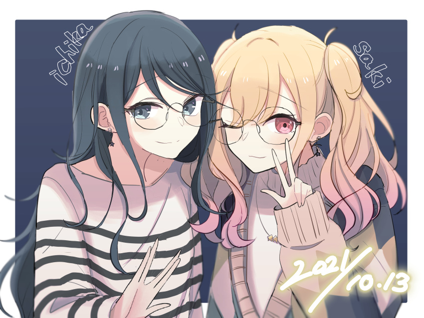2girls absurdres black_shirt blonde_hair blue_background blue_eyes blue_hair border character_name closed_mouth commentary_request dark_blue_hair dated doraimon0312 earrings glasses gradient_hair hair_behind_eyewear hair_between_eyes hair_over_shoulder highres hoshino_ichika_(project_sekai) jewelry lensless_glasses long_hair looking_at_viewer multicolored_hair multiple_girls necklace off-shoulder_shirt off_shoulder one_eye_closed outside_border partial_commentary pink_eyes pink_hair project_sekai round_eyewear shirt simple_background smile star_(symbol) star_earrings star_necklace striped striped_shirt tenma_saki twintails two-tone_shirt upper_body w wavy_hair white_border