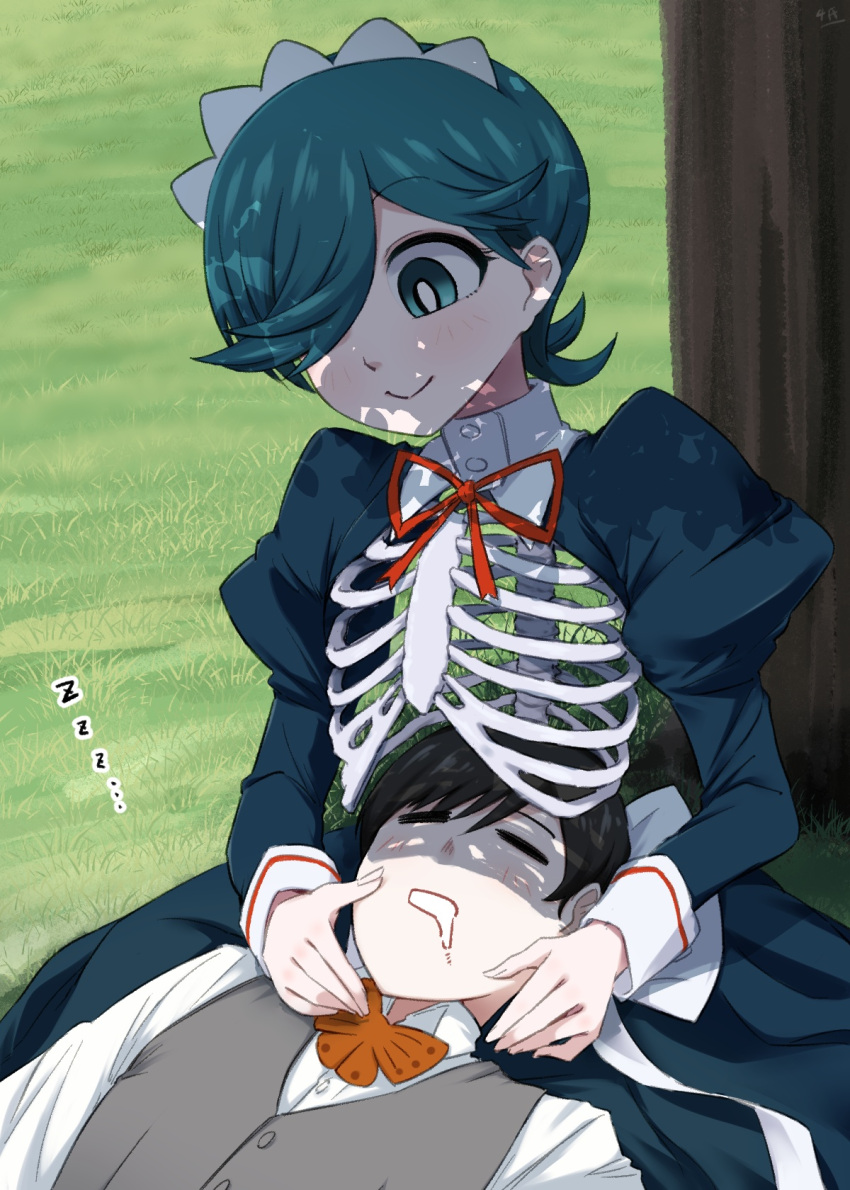 1boy 1girl 4shi black_hair bow bowtie bright_pupils closed_eyes closed_mouth commentary_request drooling formal grass green_eyes green_hair grey_vest hair_over_one_eye highres juliet_sleeves lap_pillow long_sleeves looking_at_another maid monster_girl original outdoors puffy_sleeves red_bow red_bowtie ribs shadow shirt short_hair skeleton sleeping smile swept_bangs tree vest white_pupils white_shirt zzz