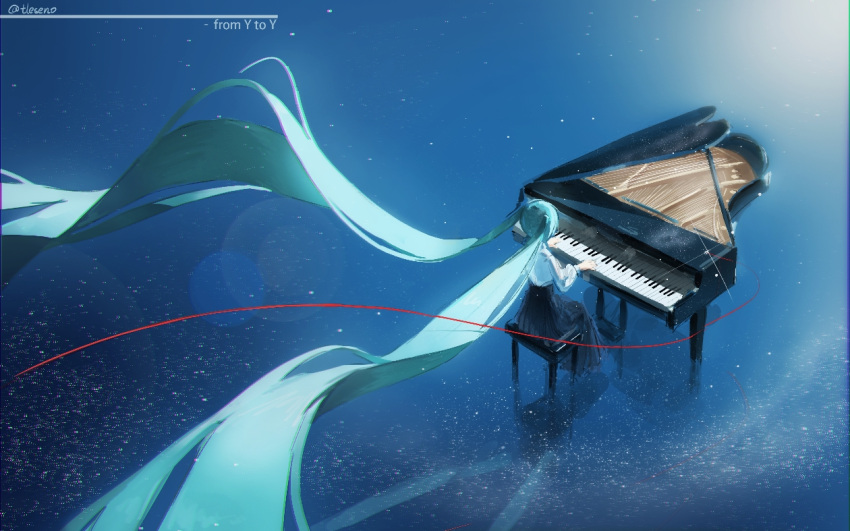 1girl absurdly_long_hair aqua_hair black_skirt commentary floating_hair from_above from_behind from_y_to_y_(vocaloid) hatsune_miku instrument light_particles long_hair long_skirt music oneselt piano piano_bench playing_instrument playing_piano reflection shirt sitting skirt solo twintails very_long_hair vocaloid water white_shirt