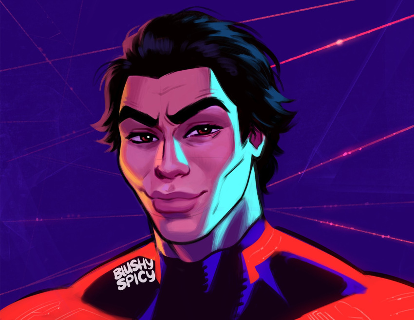 1boy artist_name black_bodysuit black_hair blushyspicy bodysuit closed_mouth highres looking_at_viewer male_focus marvel miguel_o'hara muscular muscular_male portrait purple_background red_bodysuit red_eyes short_hair smile solo spider-man:_across_the_spider-verse spider-man_(series)