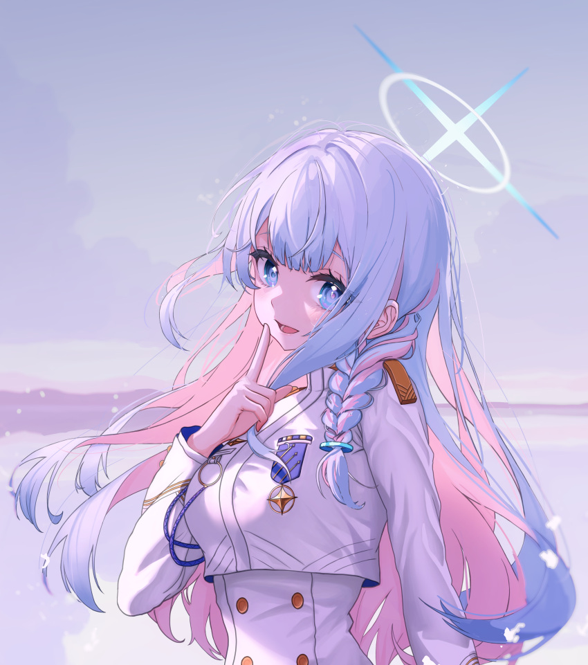 1girl absurdres blue_archive blue_eyes blue_hair blush braid clouds colored_inner_hair epaulettes finger_to_mouth fingernails general_student_council_president_(blue_archive) halo highres horizon jacket light_blush long_hair looking_at_viewer medal mikanjam multicolored_hair ocean open_mouth pink_hair side_braid sky solo two-tone_hair upper_body very_long_hair white_jacket