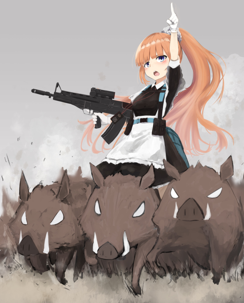 1girl apron blue_eyes blunt_bangs blush boar breasts commission frilled_apron frills girls_frontline high_ponytail highres long_hair maid open_mouth orange_hair pixiv_commission pointing solo trigger_discipline vepr-12 vepr_(girls'_frontline) very_long_hair zafuri_(yzrnegy)