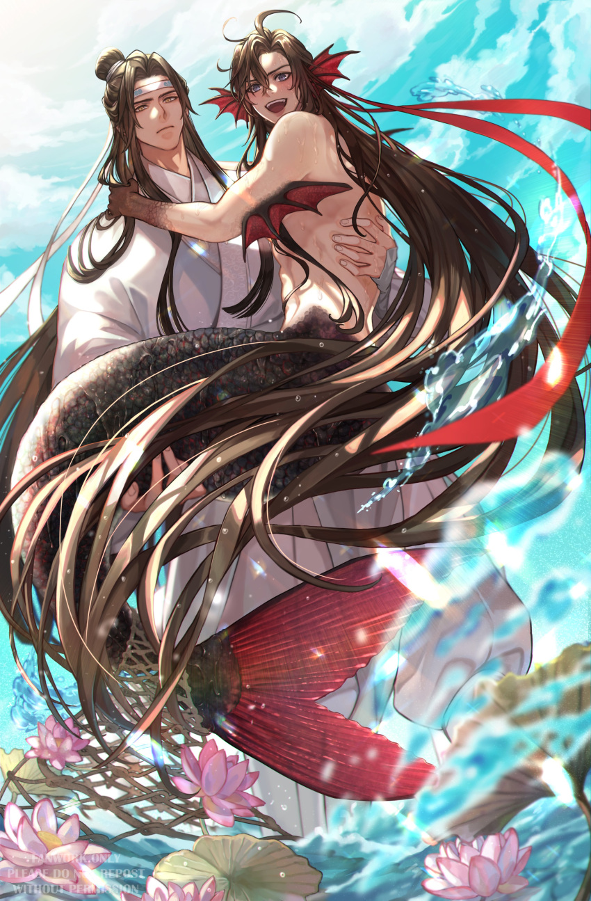 2boys absurdres ahoge bishounen black_scales blue_background blue_eyes brown_eyes brown_hair carrying carrying_person chinese_clothes closed_mouth completely_nude fins fishnets flower full_body ganen_cheese hair_bun hanfu head_fins headband highres lan_wangji lily_pad long_hair long_sleeves looking_at_viewer lotus male_focus modao_zushi multiple_boys nude open_mouth outdoors princess_carry scales standing toned toned_male very_long_hair water wei_wuxian wet wide_sleeves
