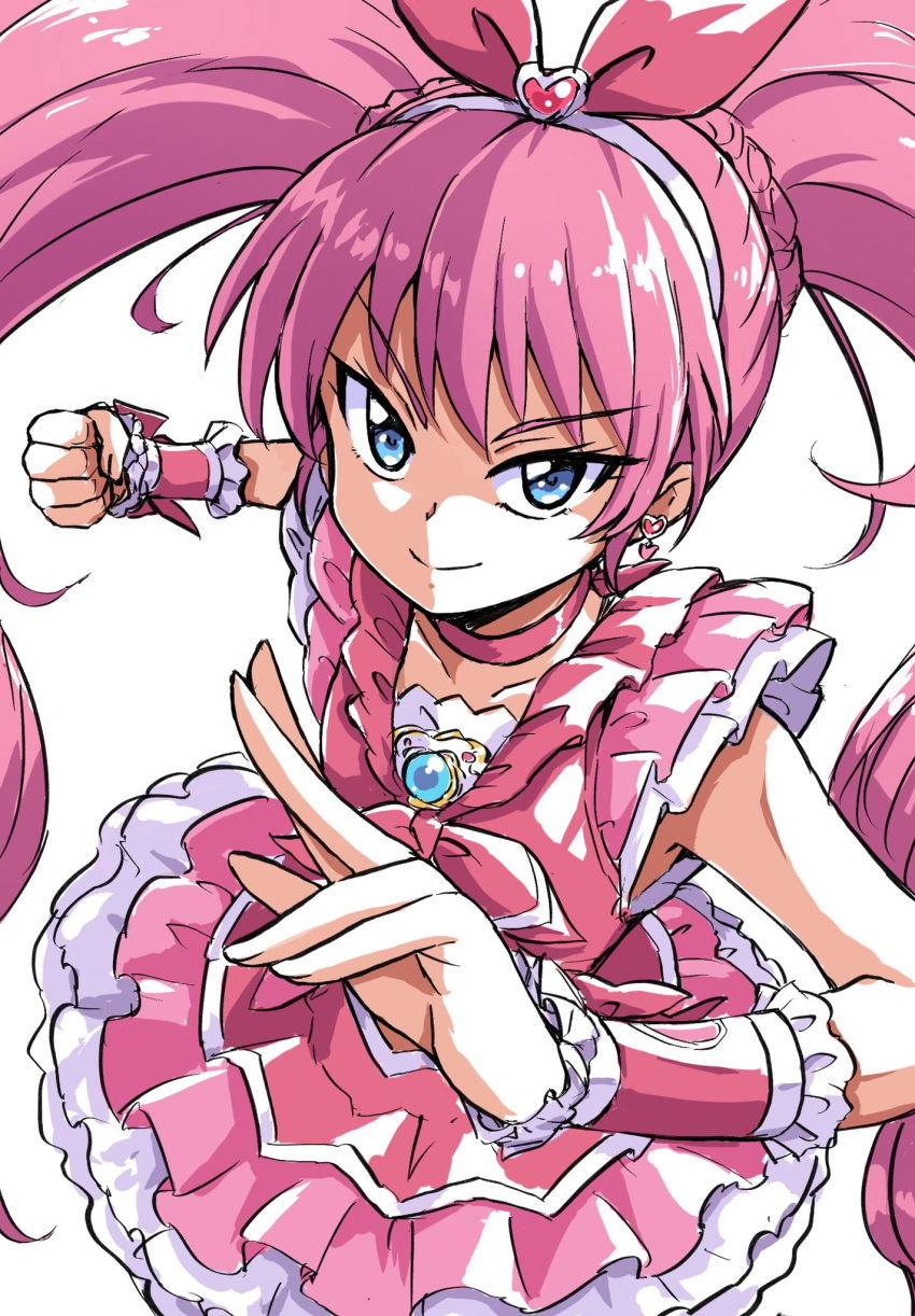 1girl blue_eyes bow bracelet brooch choker clenched_hand cowboy_shot cure_melody dress earrings frilled_bracelet frilled_dress frilled_skirt frills hairband heart heart_earrings highres houjou_hibiki jewelry long_hair looking_at_viewer magical_girl pink_dress pink_hair precure simple_background skirt solo suite_precure twintails uraki white_background