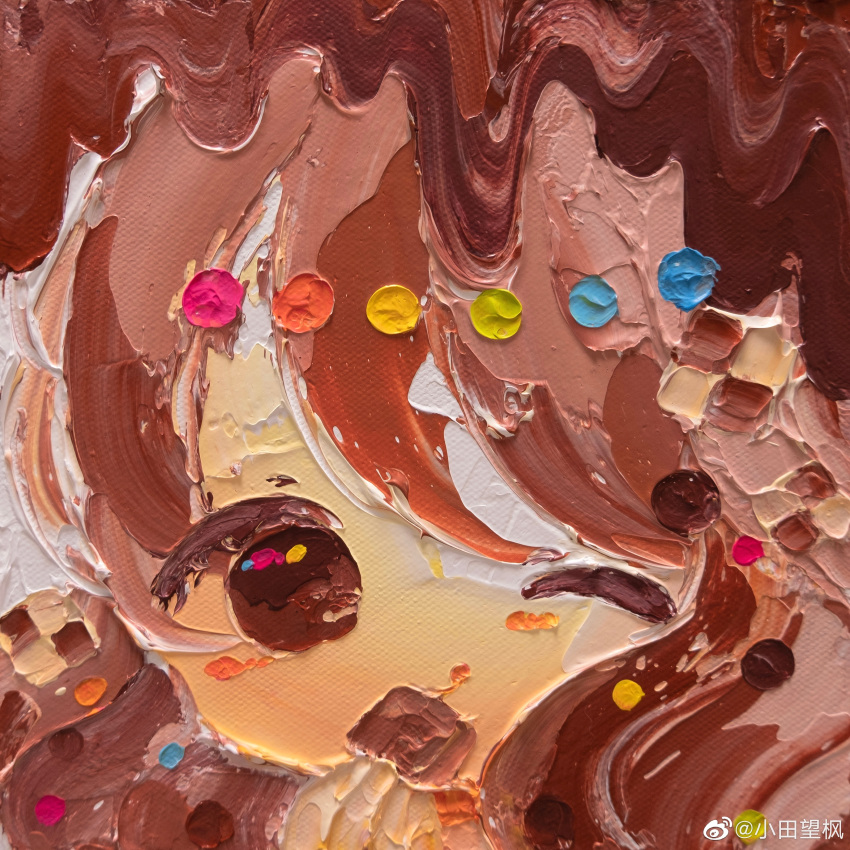 1girl absurdres acrylic_paint_(medium) artist_name brown_eyes brown_hair can candy checkerboard_cookie checkerboard_cookie_hair_ornament chinese_commentary chocolate commentary_request cookie cookie_hair_ornament dripping food food-themed_hair_ornament hair_ornament hand_up highres holding holding_can kamisukimifu looking_at_viewer one_eye_closed original painting_(medium) photo_(medium) portrait solo traditional_media watermark weibo_logo weibo_username
