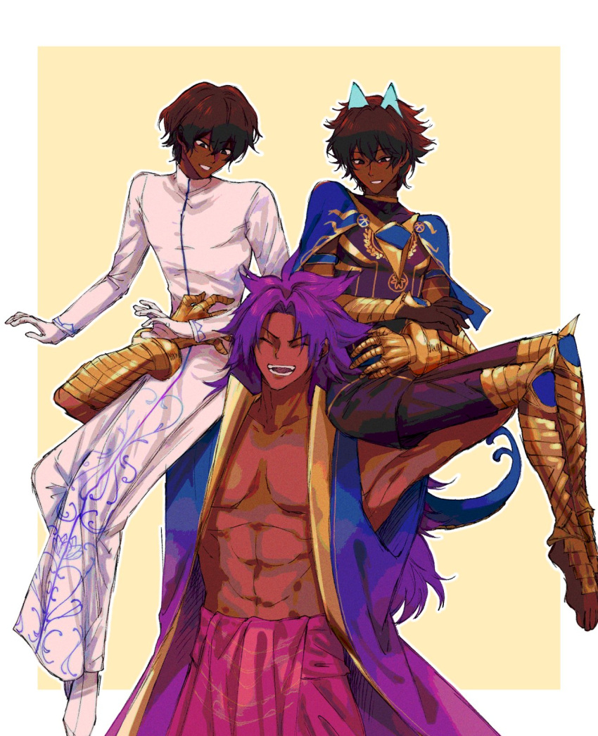 3boys arjuna_(fate) arjuna_alter_(fate) armlet bare_pectorals bhima_(fate) blue_capelet blue_horns brothers brown_hair capelet closed_eyes collarbone cowboy_shot dark-skinned_male dark_skin fate/grand_order fate_(series) full_body gauntlets gloves glowing_horns hair_between_eyes highres horns indian_clothes large_pectorals long_hair long_sleeves looking_at_another male_focus multiple_boys muscular muscular_male pectorals pipipiinat purple_hair purple_vest short_hair siblings simple_background sitting_on_shoulder smile two-tone_background very_long_hair vest white_background white_footwear white_gloves
