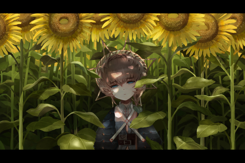 1girl blue_dress blue_eyes blue_sleeves braid chest_belt closed_mouth commentary_request crown_braid dappled_sunlight detached_collar dress empty_eyes expressionless fate/grand_order fate_(series) field flower flower_field hair_ornament hat head_tilt leaf_hair_ornament letterboxed light_brown_hair long_hair looking_at_viewer partially_unzipped shade shimogamo_(shimomo_12) side_braid solo straight-on straw_hat sunflower sunlight upper_body van_gogh_(fate)