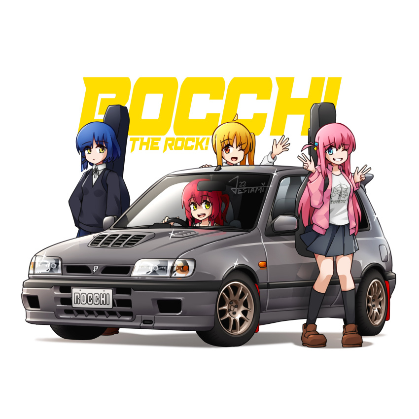 4girls ;) absurdres black_cardigan black_socks blonde_hair blue_hair blue_skirt bocchi_the_rock! brown_footwear car cardigan copyright_name double_w english_commentary gotou_hitori grin guitar_case highres ijichi_nijika instrument_case jacket jestami kita_ikuyo kneehighs long_hair long_sleeves looking_at_viewer mole mole_under_eye motor_vehicle multiple_girls neck_ribbon nissan_pulsar one_eye_closed open_clothes open_jacket orange_eyes pink_hair pink_jacket redhead ribbon short_hair signature simple_background skirt smile socks sparkle vehicle_focus w waving white_background yamada_ryou yellow_eyes