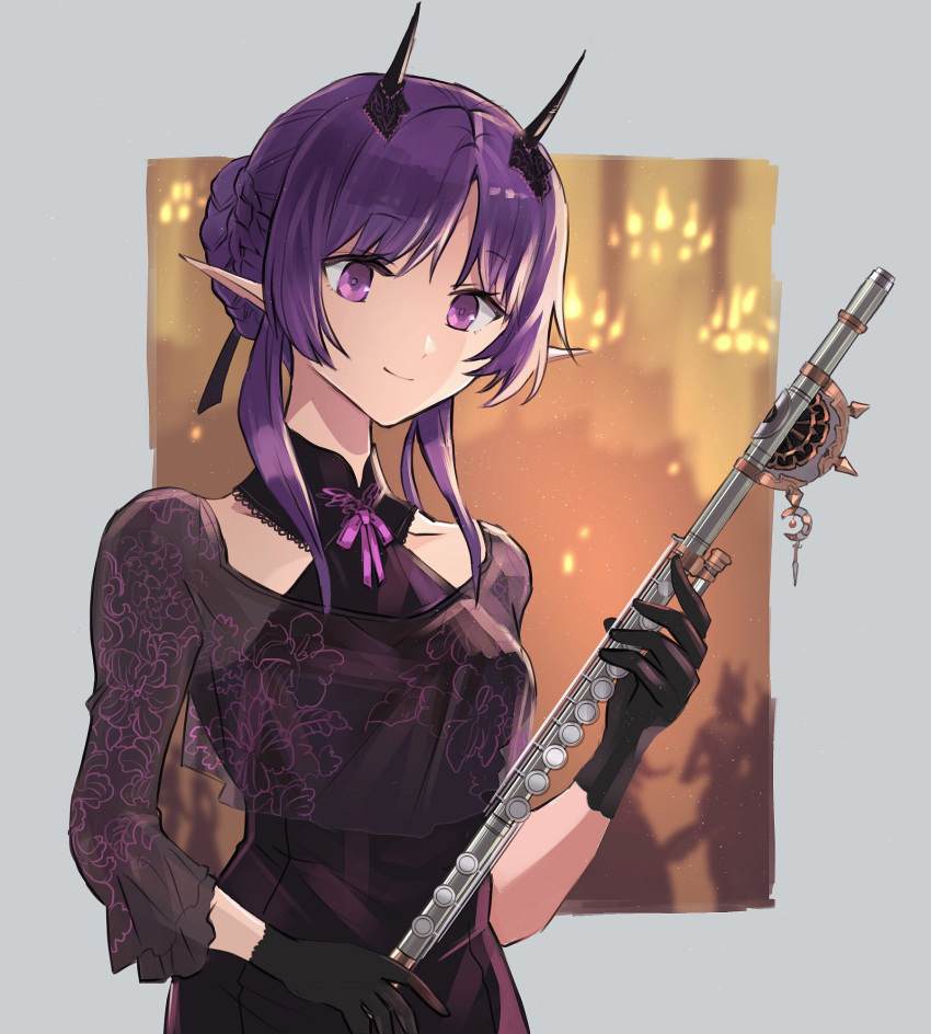 1girl alternate_costume arknights black_dress black_gloves black_ribbon blurry blurry_background border chandelier closed_mouth dress flute gloves grey_border hair_bun hair_ribbon halterneck hibiscus_(arknights) hibiscus_the_purifier_(arknights) highres holding holding_instrument horns instrument long_sleeves looking_at_viewer neck_ribbon noshima outside_border parted_bangs pink_ribbon pointy_ears purple_hair ribbon see-through single_hair_bun smile solo upper_body violet_eyes