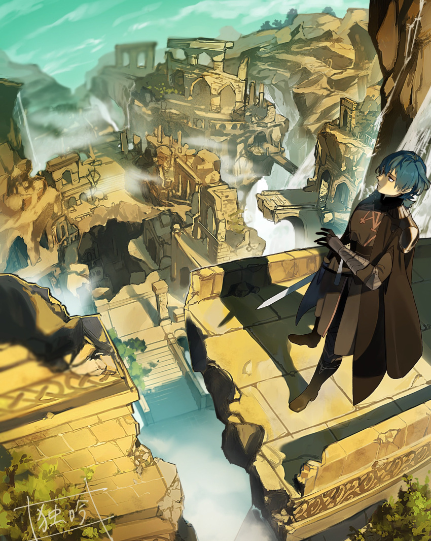 1boy absurdres armor black_armor black_cape black_footwear black_gloves blue_hair blue_sky boots byleth_(fire_emblem) byleth_(male)_(fire_emblem) cape closed_mouth clouds doku_gin1126 fire_emblem fire_emblem:_three_houses gauntlets gloves highres holding holding_sword holding_weapon male_focus outdoors ruins short_hair sky solo sword violet_eyes weapon