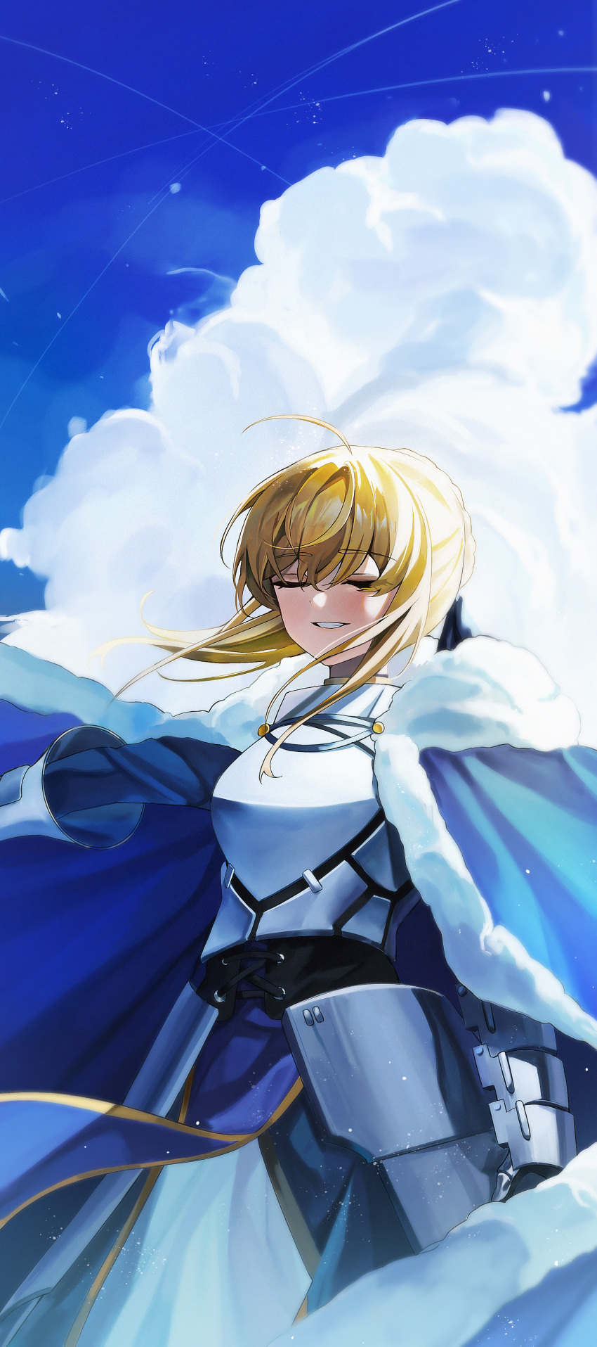 1girl absurdres ahoge armor artoria_pendragon_(fate) blonde_hair blue_cape blue_sky blush cape closed_eyes clouds fate/stay_night fate_(series) floating_hair fur-trimmed_cape fur_trim highres outdoors plate_armor rosu_1109 saber sky smile solo