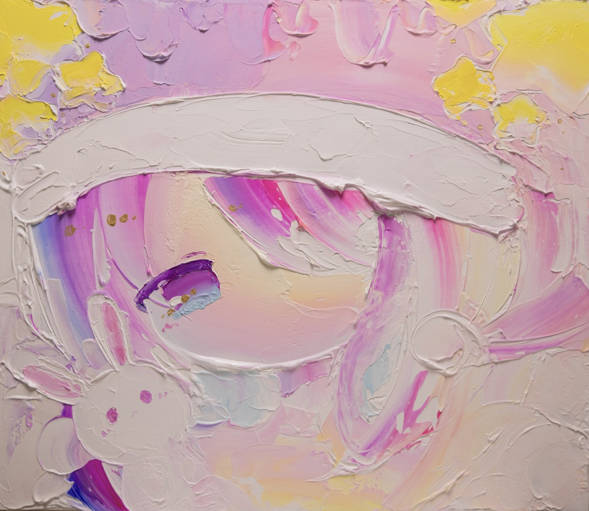 1girl absurdres acrylic_paint_(medium) commentary_request hair_over_one_eye hat highres kamisukimifu long_hair looking_at_viewer nightcap no_mouth one_eye_covered original painting_(medium) pale_skin photo_(medium) pink_headwear portrait purple_hair solo star_(symbol) traditional_media violet_eyes white_rabbit_(animal)
