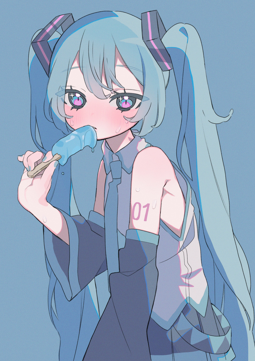 1girl absurdres aqua_hair aqua_nails aqua_necktie arm_tattoo bare_shoulders black_skirt black_sleeves blue_background blush collared_shirt cowboy_shot detached_sleeves dripping eyes_visible_through_hair food from_side grey_shirt hair_ornament hakudaku hand_up hatsune_miku highres holding_popsicle long_hair long_sleeves looking_at_viewer looking_to_the_side nail_polish necktie number_tattoo pleated_skirt popsicle shirt simple_background skirt sleeveless sleeveless_shirt solo standing sweat tattoo twintails very_long_hair vocaloid wide_sleeves