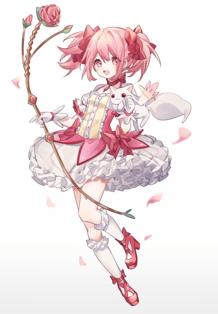 1girl :d absurdres bow bow_(weapon) bow_choker bubble_skirt buttons choker clenched_hand creature_on_arm dress dress_bow falling_petals flower footwear_bow frilled_dress frilled_skirt frilled_sleeves frilled_socks frills full_body gloves hair_bow highres holding holding_bow_(weapon) holding_weapon kaname_madoka kyubey leg_up looking_at_viewer magical_girl mahou_shoujo_madoka_magica open_mouth petals pink_dress pink_eyes pink_flower pink_hair pink_rose puffy_short_sleeves puffy_sleeves red_choker red_footwear roro_(lolo) rose shoes short_hair short_sleeves short_twintails simple_background skirt smile socks solo twintails weapon white_background white_gloves white_skirt white_socks wind