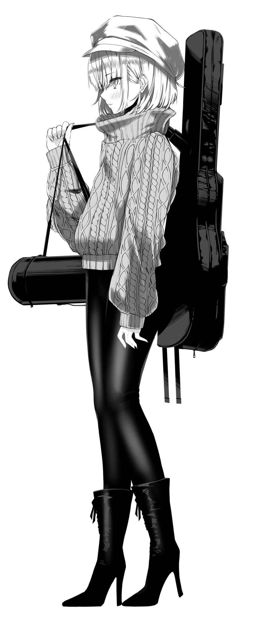 1girl absurdres black_pants blush closed_mouth from_side full_body greyscale hat highres instrument_case long_sleeves monochrome original pants puffy_sleeves rur_(ml_ruru) short_hair sidelocks simple_background strap_pull sweater tight_clothes tight_pants turtleneck turtleneck_sweater white_background